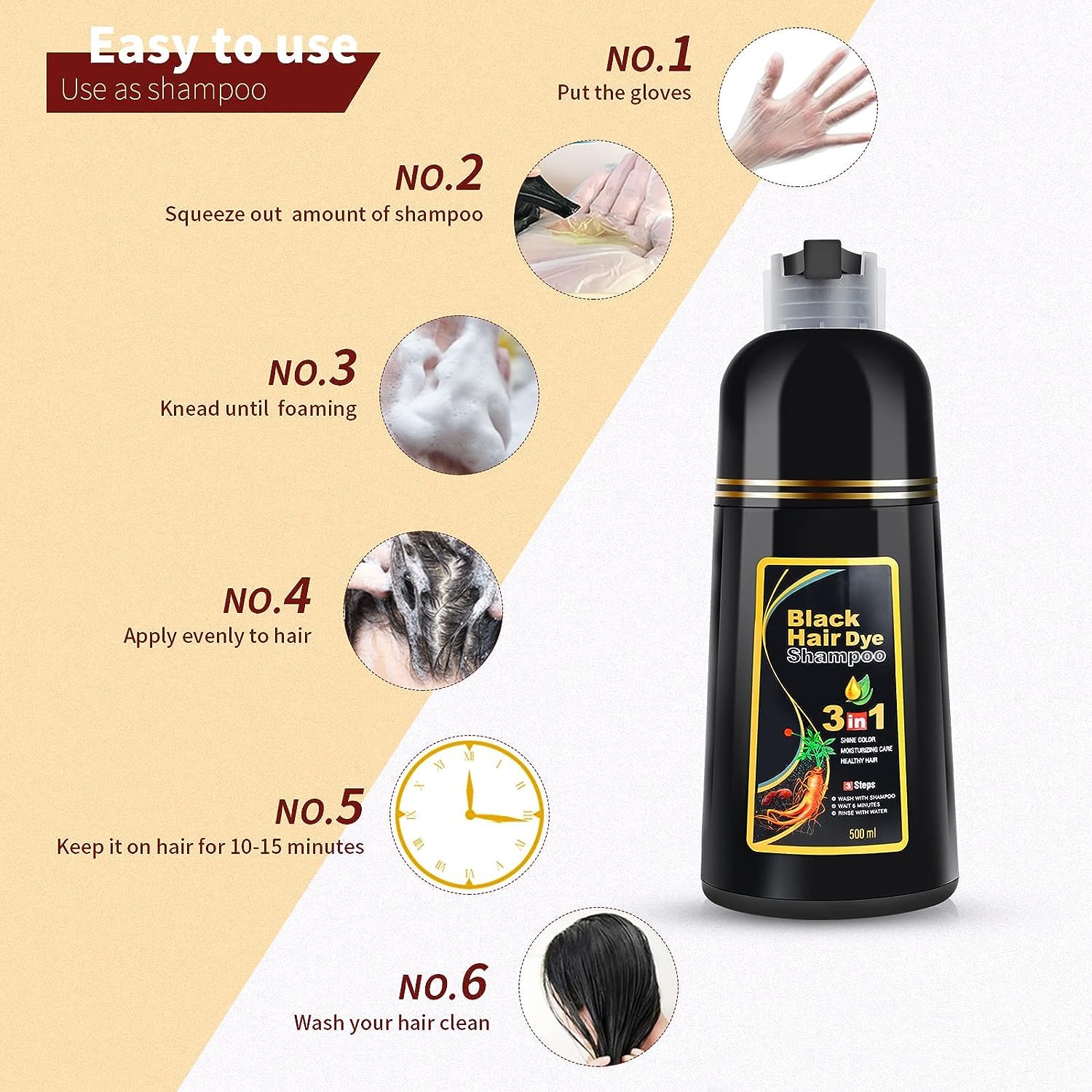 3 in 1 Black Hair Dye Shampoo - Style Elevates