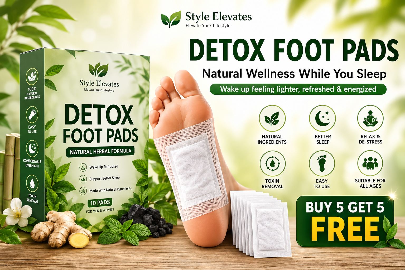 Herbal Detox Foot Pads - Buy 1 Get 1 Free, 5 plus 5 patches